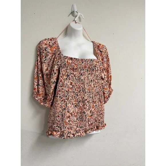 Shirts/NWT Old Navy Peach Floral Smocked Puff Sleeve Peplum Square Neckline XL - Picture 4 of 12